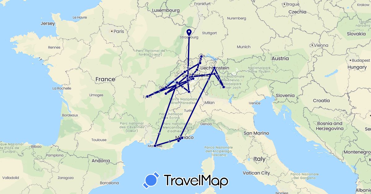 TravelMap itinerary: driving in Switzerland, France, Italy, Liechtenstein (Europe)